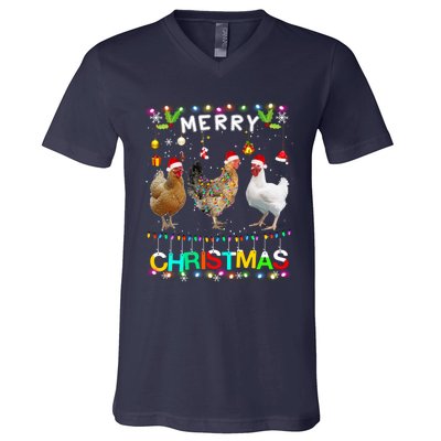 Merry Christmas Chicken Santa Hat Lights Xmas Funny Long Sleeve T V-Neck T-Shirt