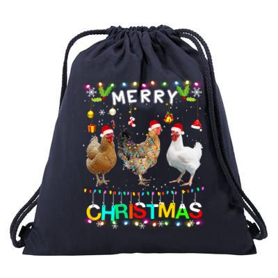 Merry Christmas Chicken Santa Hat Lights Xmas Funny Long Sleeve T Drawstring Bag