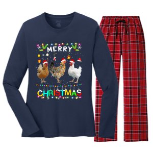 Merry Christmas Chicken Santa Hat Lights Xmas Funny Long Sleeve T Women's Long Sleeve Flannel Pajama Set 