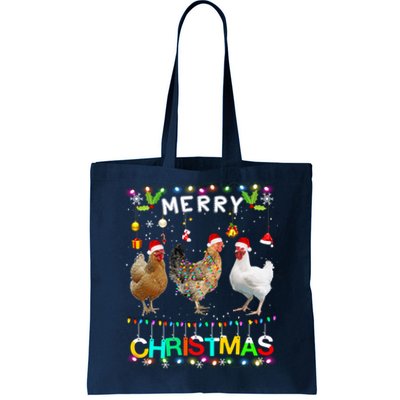 Merry Christmas Chicken Santa Hat Lights Xmas Funny Long Sleeve T Tote Bag