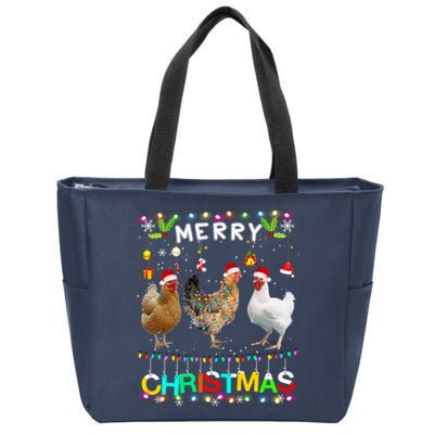 Merry Christmas Chicken Santa Hat Lights Xmas Funny Long Sleeve T Zip Tote Bag