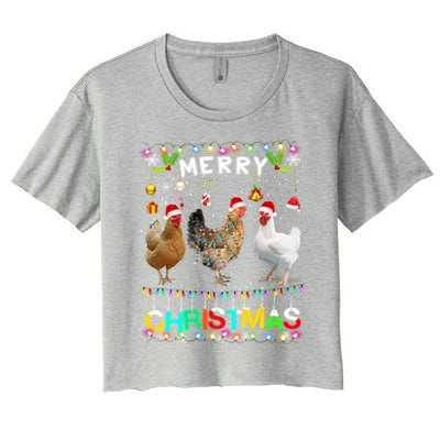 Merry Christmas Chicken Santa Hat Lights Xmas Funny Long Sleeve T Women's Crop Top Tee