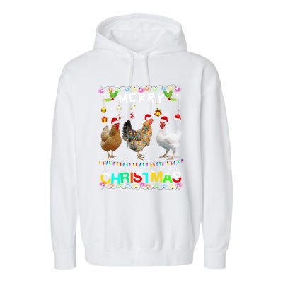 Merry Christmas Chicken Santa Hat Lights Xmas Funny Long Sleeve T Garment-Dyed Fleece Hoodie