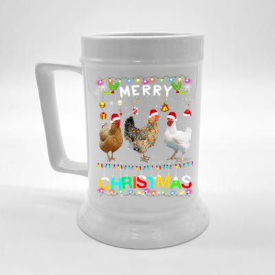 Merry Christmas Chicken Santa Hat Lights Xmas Funny Long Sleeve T Beer Stein