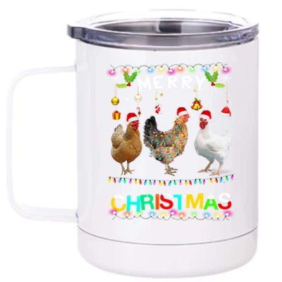 Merry Christmas Chicken Santa Hat Lights Xmas Funny Long Sleeve T 12 oz Stainless Steel Tumbler Cup