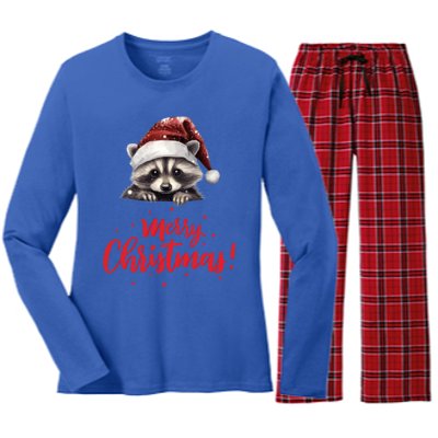 Merry Christmas Cute Raccoon Santa Hat Festive Holiday Meaningful Gift Women's Long Sleeve Flannel Pajama Set 