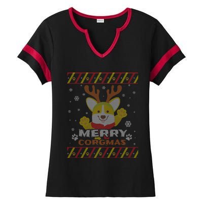 Merry Corgmas Corgi Ugly Christmas Sweater Gift Ladies Halftime Notch Neck Tee