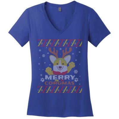 Merry Corgmas Corgi Ugly Christmas Sweater Gift Women's V-Neck T-Shirt