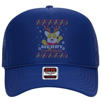 Merry Corgmas Corgi Ugly Christmas Sweater Gift High Crown Mesh Back Trucker Hat