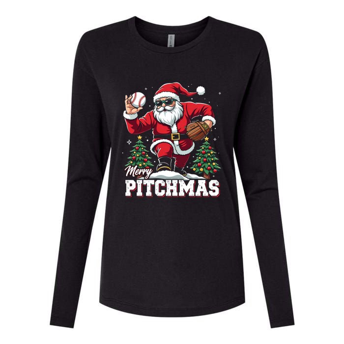 Merry Christmas Cute Gift Merry Pitchmas Baseball Pitcher Santa Claus Womens Cotton Relaxed Long Sleeve T-Shirt