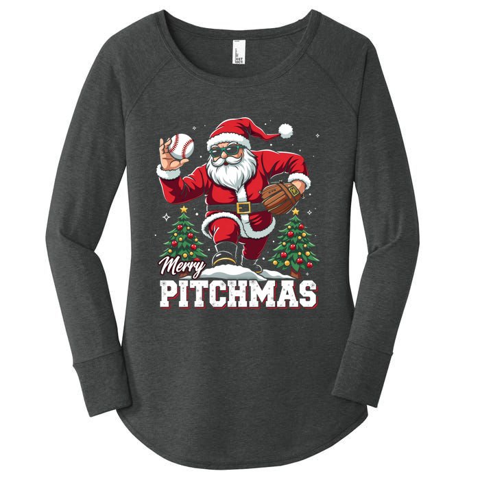 Merry Christmas Cute Gift Merry Pitchmas Baseball Pitcher Santa Claus Women's Perfect Tri Tunic Long Sleeve Shirt