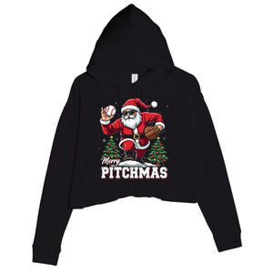 Merry Christmas Cute Gift Merry Pitchmas Baseball Pitcher Santa Claus Crop Fleece Hoodie