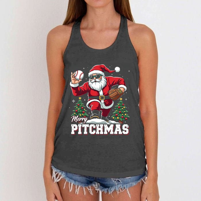 Merry Christmas Cute Gift Merry Pitchmas Baseball Pitcher Santa Claus Women's Knotted Racerback Tank