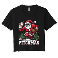 Merry Christmas Cute Gift Merry Pitchmas Baseball Pitcher Santa Claus Women's Crop Top Tee