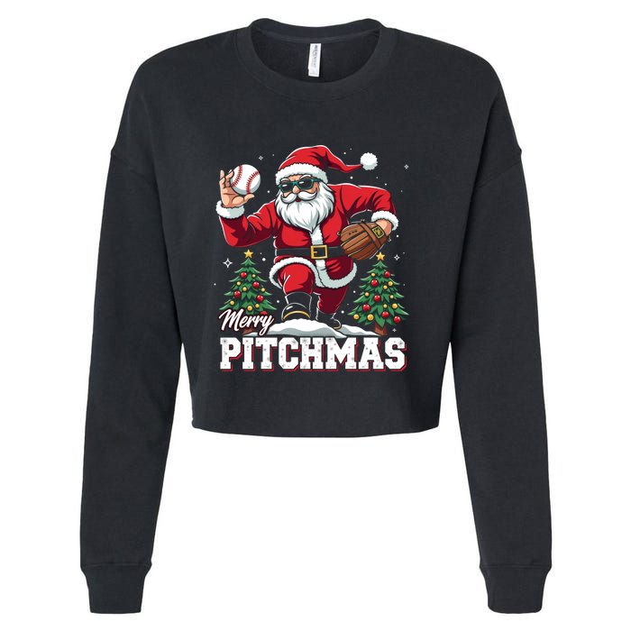 Merry Christmas Cute Gift Merry Pitchmas Baseball Pitcher Santa Claus Cropped Pullover Crew