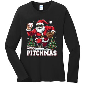 Merry Christmas Cute Gift Merry Pitchmas Baseball Pitcher Santa Claus Ladies Long Sleeve Shirt