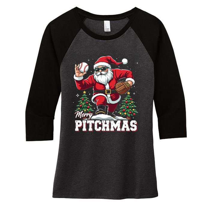 Merry Christmas Cute Gift Merry Pitchmas Baseball Pitcher Santa Claus Women's Tri-Blend 3/4-Sleeve Raglan Shirt