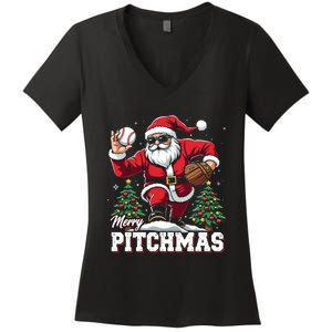 Merry Christmas Cute Gift Merry Pitchmas Baseball Pitcher Santa Claus Women's V-Neck T-Shirt