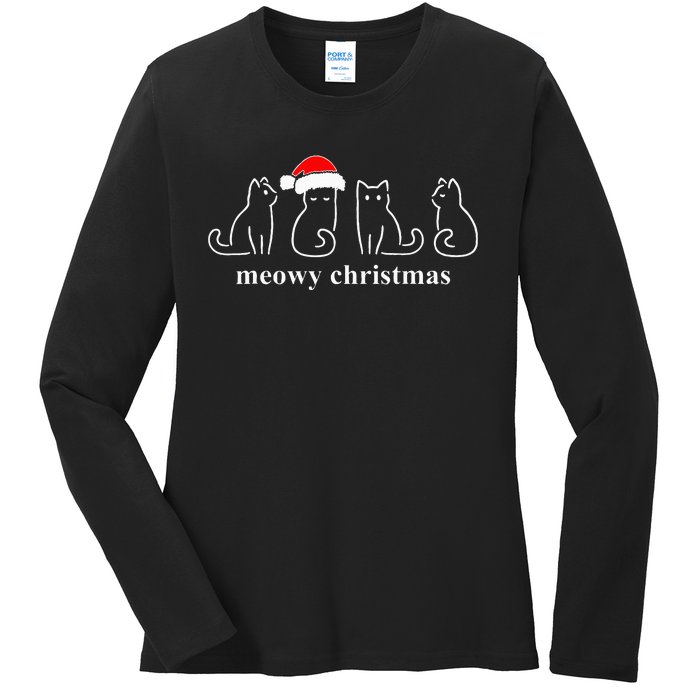 Meowy Catmas Cat Christmas Cute Kitten Cats Santa Hat Xmas Ladies Long Sleeve Shirt