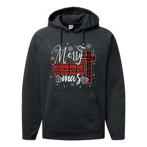 merry christmas christ cross butiflo plaid red xmas holiday Performance Fleece Hoodie