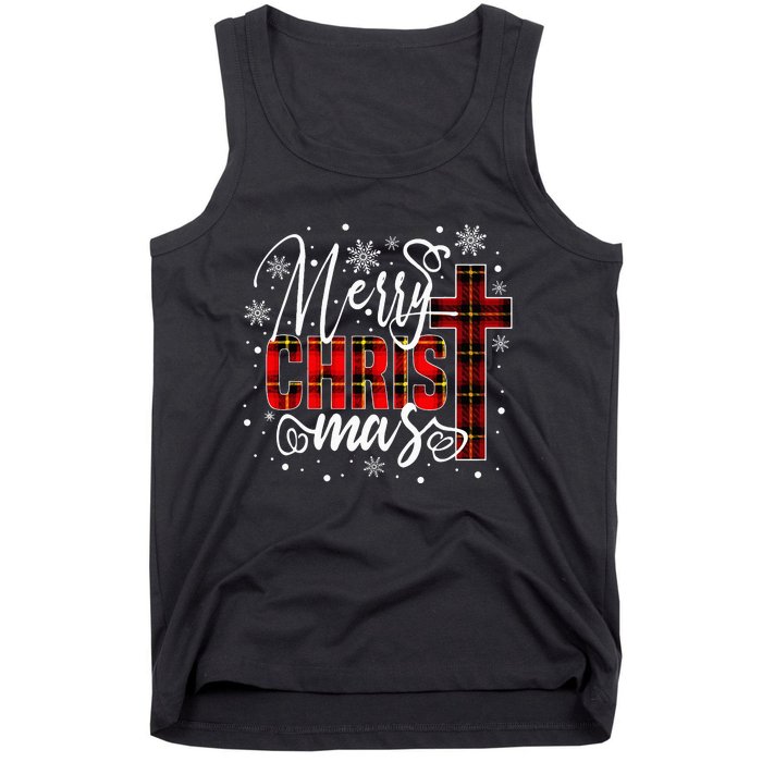 merry christmas christ cross butiflo plaid red xmas holiday Tank Top