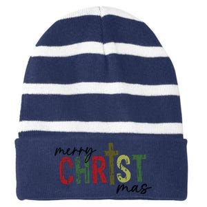 Merry Christmas Christan Cross Striped Beanie with Solid Band