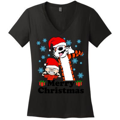 Merry Christmas Calvin Hobbes Christmas Box Funny Trending Friend Women's V-Neck T-Shirt
