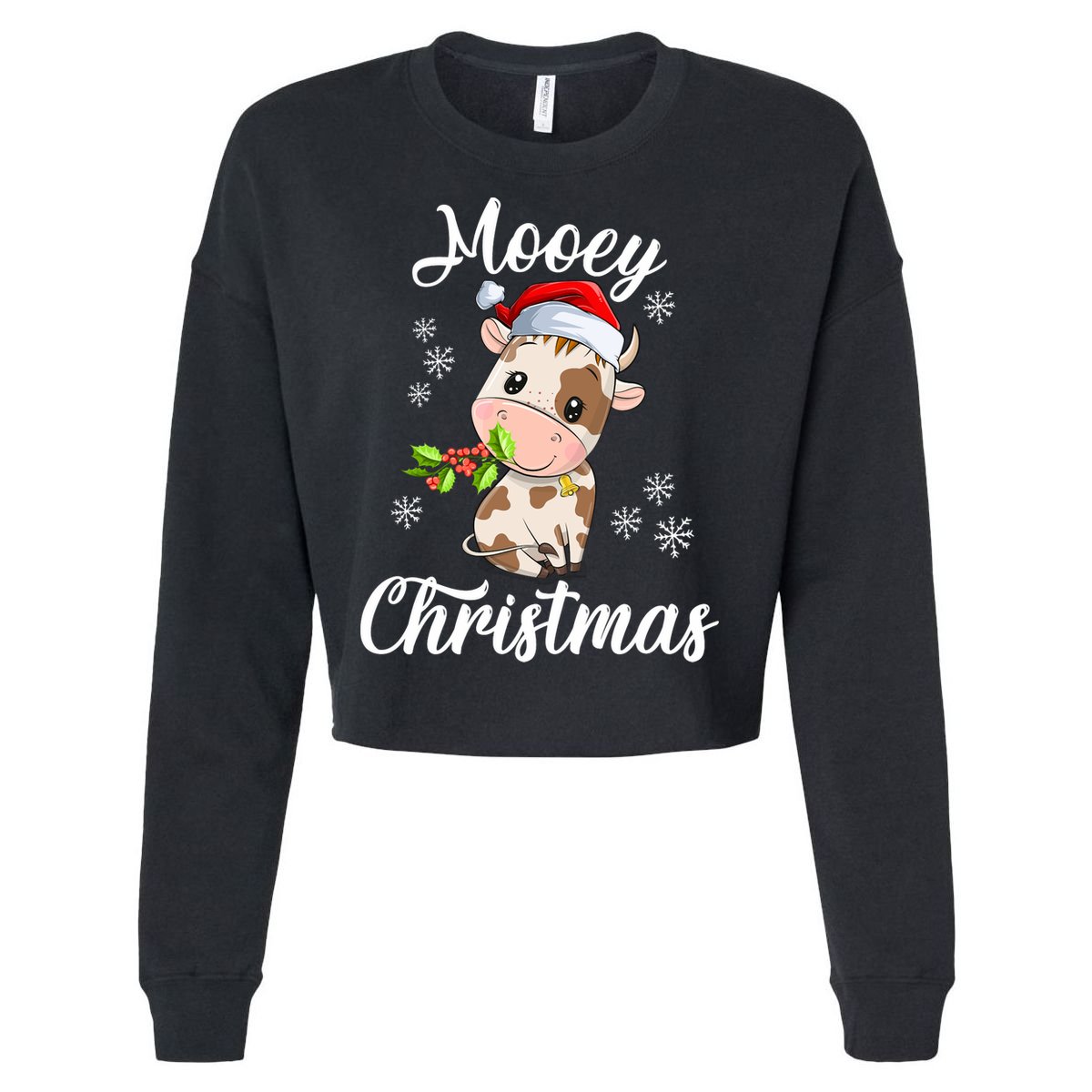 Mooey Christmas Cow Christmas Cute Cow Santa Hat Farmer Cropped Pullover Crew