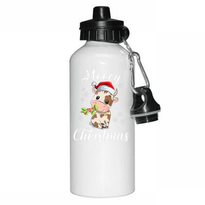 Mooey Christmas Cow Christmas Cute Cow Santa Hat Farmer Aluminum Water Bottle 