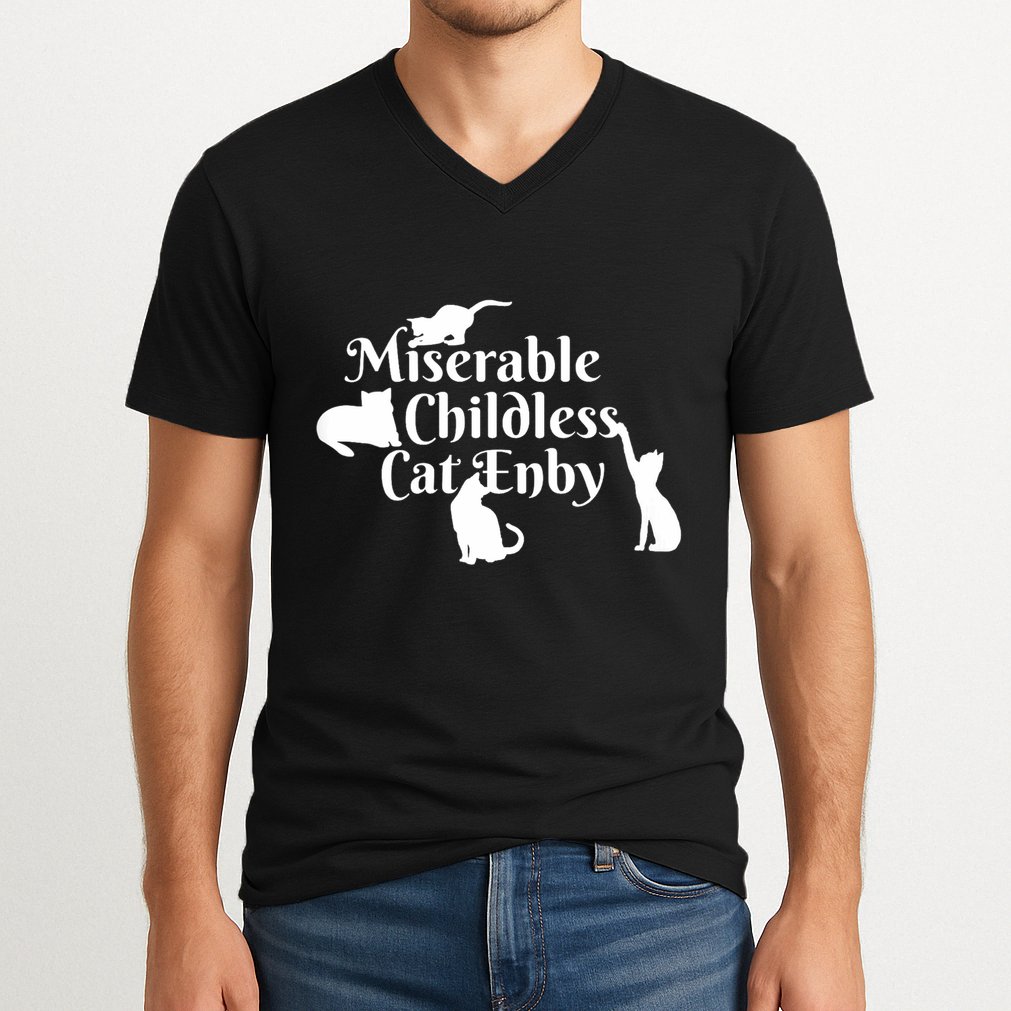 Miserable Childless Cat Enby V-Neck T-Shirt