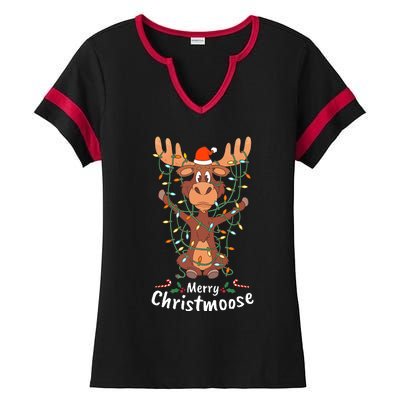 Merry Christmoose Christmas Moose Xmas Tree Lights Gifts Ladies Halftime Notch Neck Tee