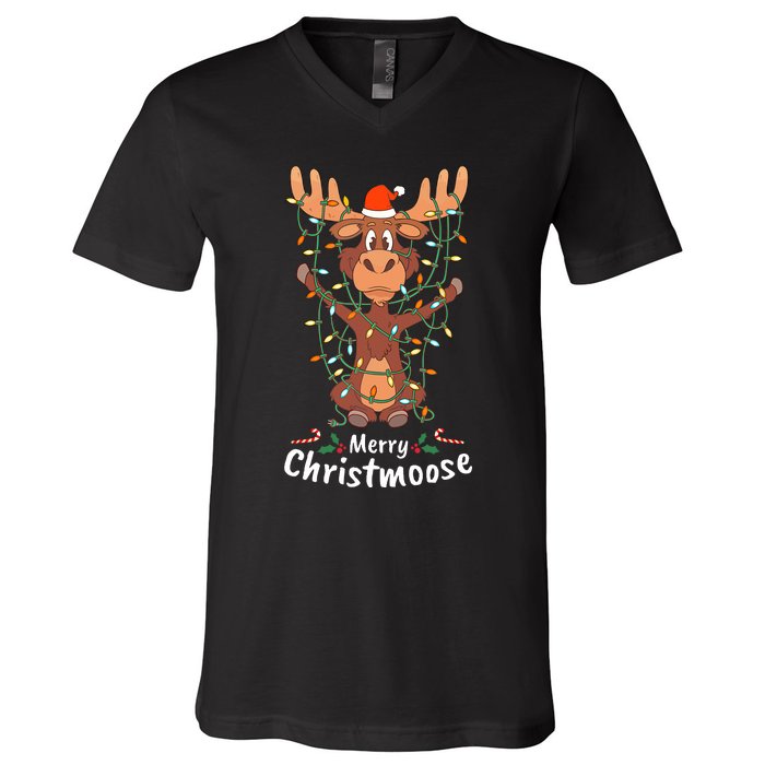 Merry Christmoose Christmas Moose Xmas Tree Lights Gifts V-Neck T-Shirt