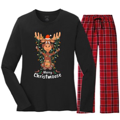 Merry Christmoose Christmas Moose Xmas Tree Lights Gifts Women's Long Sleeve Flannel Pajama Set 