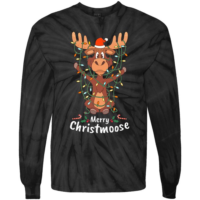 Merry Christmoose Christmas Moose Xmas Tree Lights Gifts Tie-Dye Long Sleeve Shirt