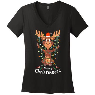 Merry Christmoose Christmas Moose Xmas Tree Lights Gifts Women's V-Neck T-Shirt