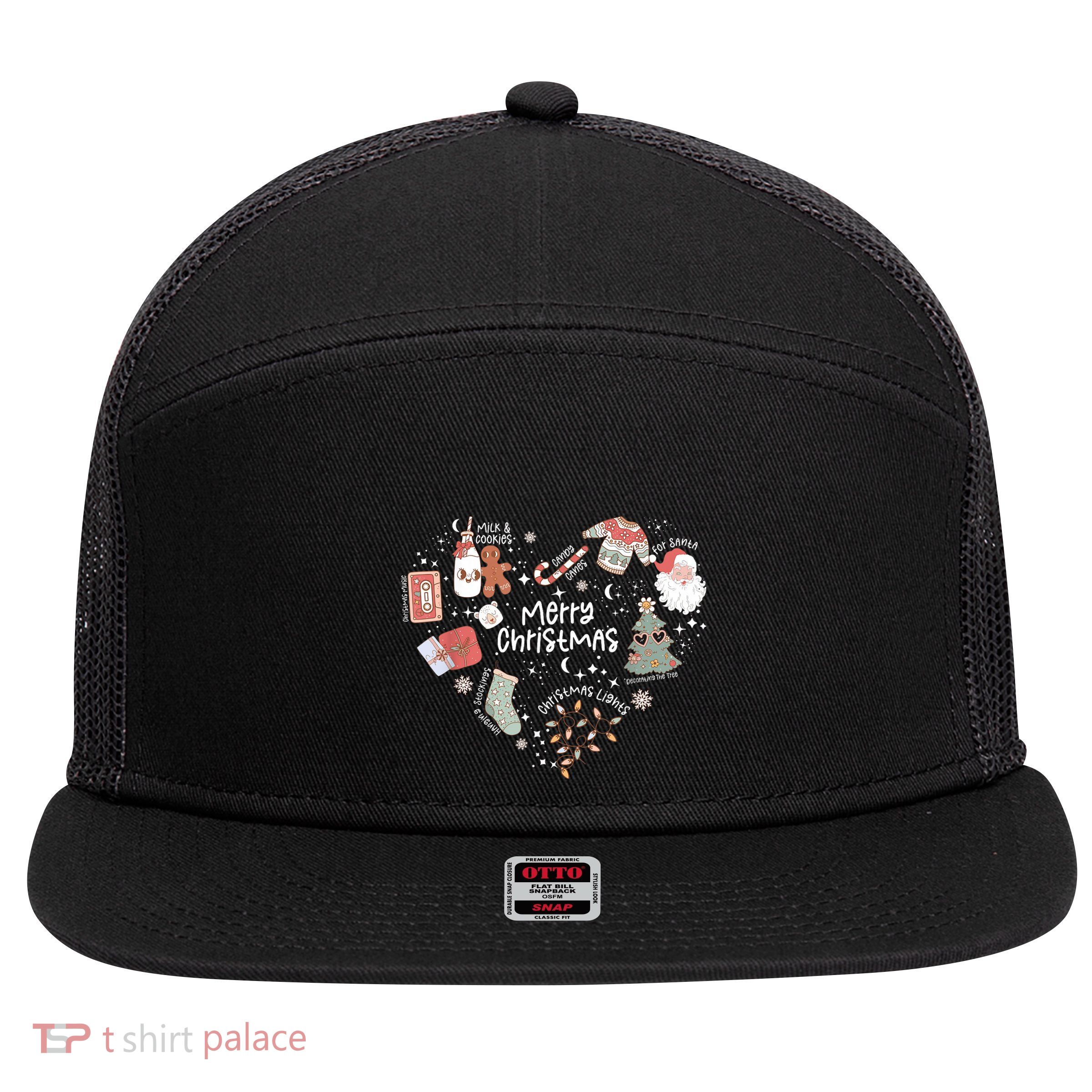 Merry Christmas Candy Cane Having Stocking Christmas Music 7 Panel Mesh Trucker Snapback Hat