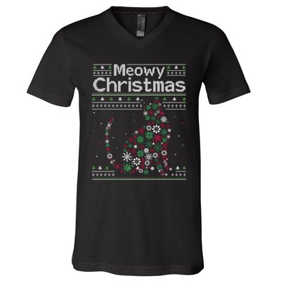 Meowy Catmas Cat Christmas Cute Cat Lover Santa Hat Xmas V-Neck T-Shirt