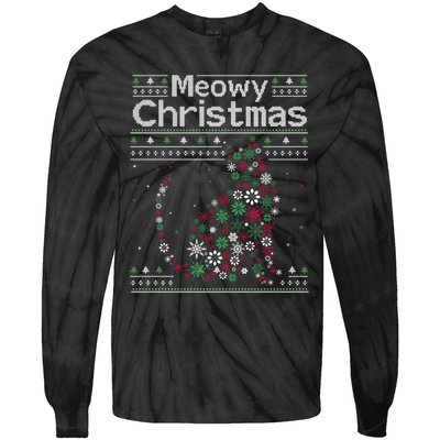 Meowy Catmas Cat Christmas Cute Cat Lover Santa Hat Xmas Tie-Dye Long Sleeve Shirt