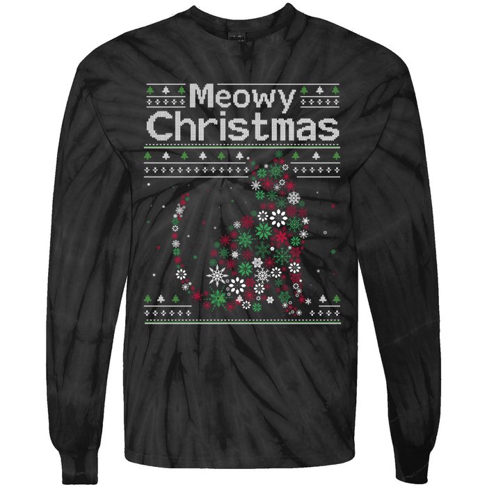 Meowy Catmas Cat Christmas Cute Cat Lover Santa Hat Xmas Tie-Dye Long Sleeve Shirt