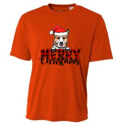 Merry Christmas Corgi Dog Christmas Red Plaid Santa Hat Xmas Gift Cooling Performance Crew T-Shirt