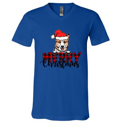 Merry Christmas Corgi Dog Christmas Red Plaid Santa Hat Xmas Gift V-Neck T-Shirt