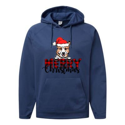 Merry Christmas Corgi Dog Christmas Red Plaid Santa Hat Xmas Gift Performance Fleece Hoodie