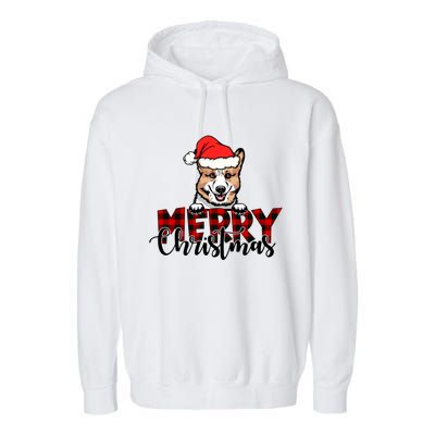 Merry Christmas Corgi Dog Christmas Red Plaid Santa Hat Xmas Gift Garment-Dyed Fleece Hoodie