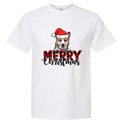 Merry Christmas Corgi Dog Christmas Red Plaid Santa Hat Xmas Gift Garment-Dyed Heavyweight T-Shirt