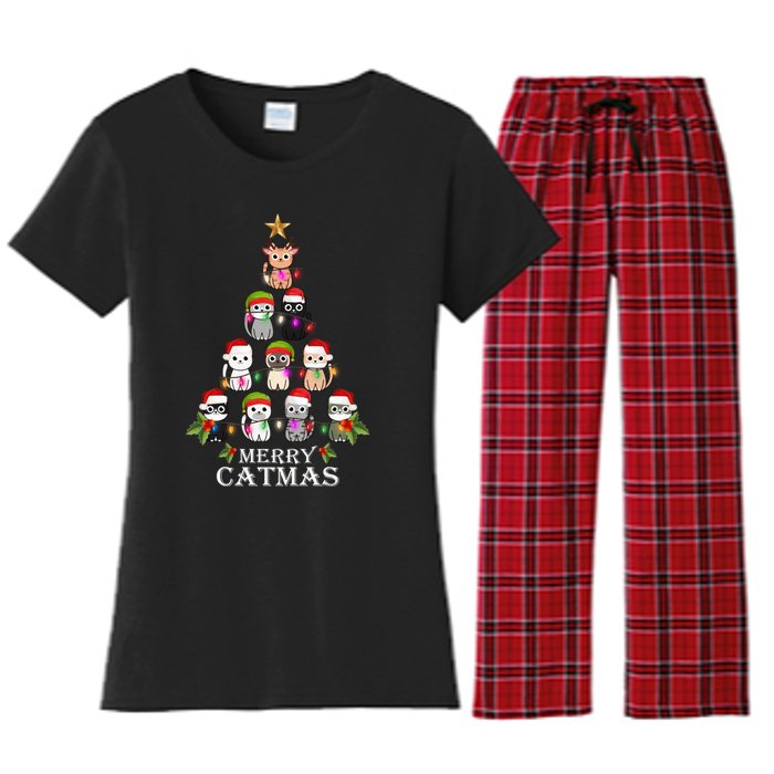 Merry Catmas Christmas Tree Cat Lover Women's Flannel Pajama Set