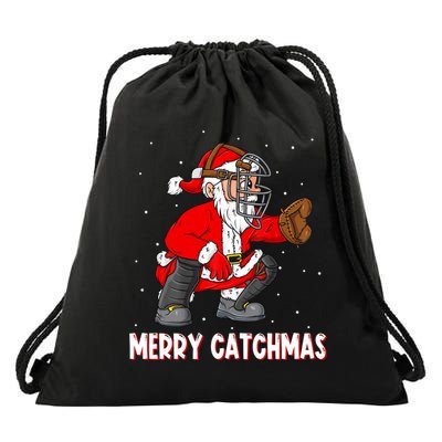 Merry Catchmas Christmas Santa Claus Baseball Catcher Xmas Gift Drawstring Bag