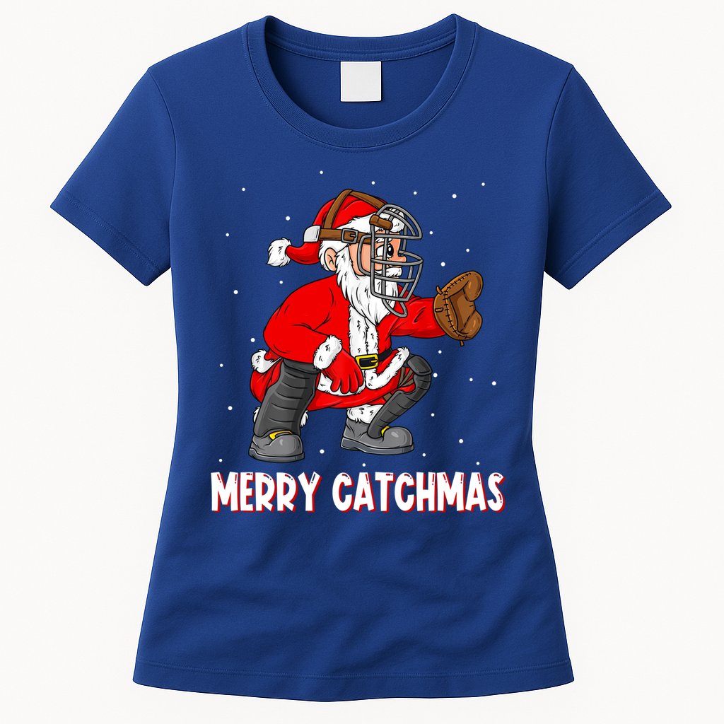 Merry Catchmas Christmas Santa Claus Baseball Catcher Xmas Gift Womens T-Shirt