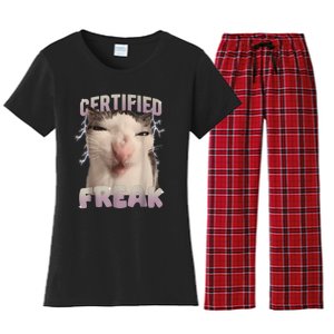 Meme Cat Certified Freak Eat Cement Cursed Cat Funny Women's Flannel Pajama Set