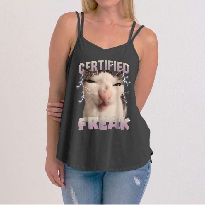 Meme Cat Certified Freak Eat Cement Cursed Cat Funny Women's Strappy Tank