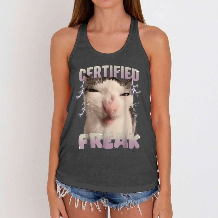 Meme Cat Certified Freak Eat Cement Cursed Cat Funny Women's Knotted Racerback Tank